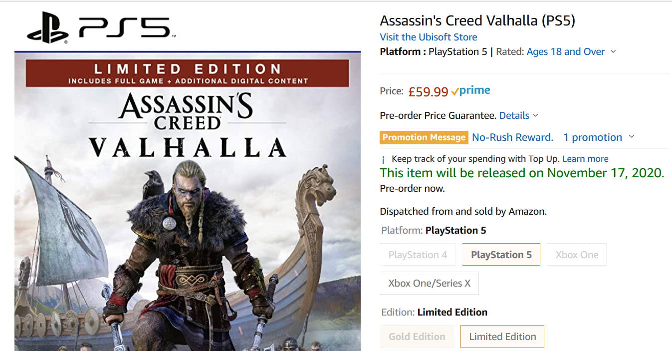 Assassin's Creed Valhalla PS5 pre-order page
