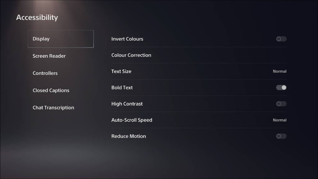 PS5 accessibility settings menu