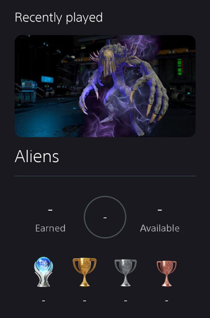 aliens game on the PS app showing no trophies